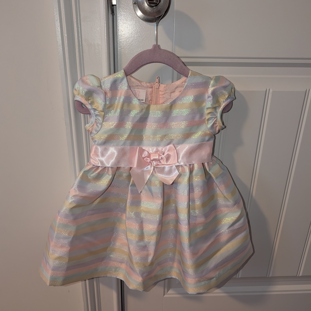 Pastel Striped Kids Dress with Pink Bow